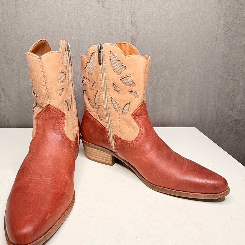Lucky Brand Herzie Boots Womens 11 Red Tan Leather Cutout Western Ankle Boot New - Picture 5 of 10